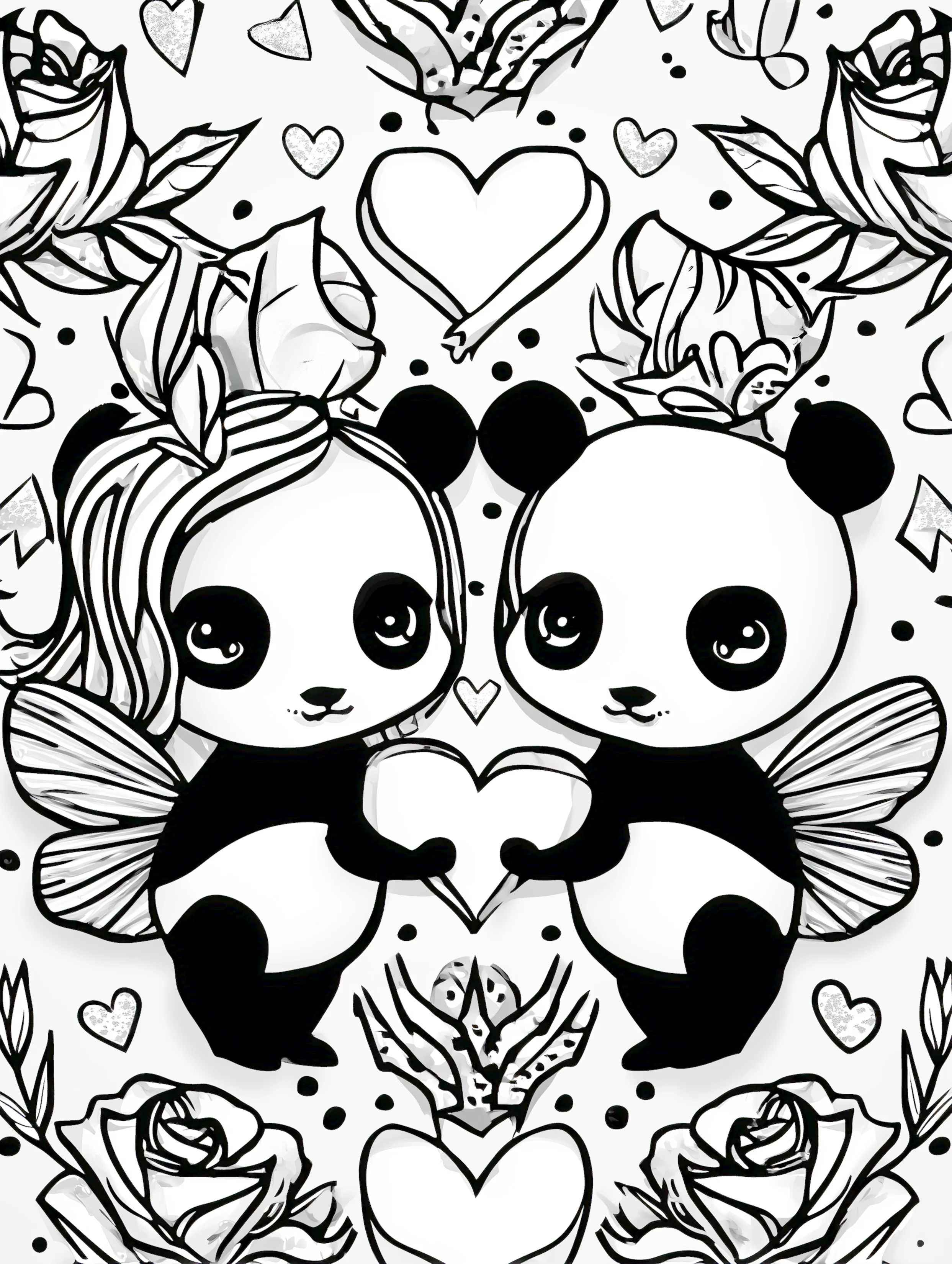 Free printable valentines coloring pages for adults featuring winged pandas holding a heart